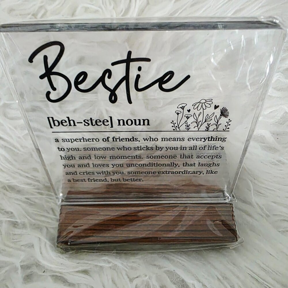 NWT "Bestie" Glass Acrylic Gift with Wooden Stand, 4"x4"